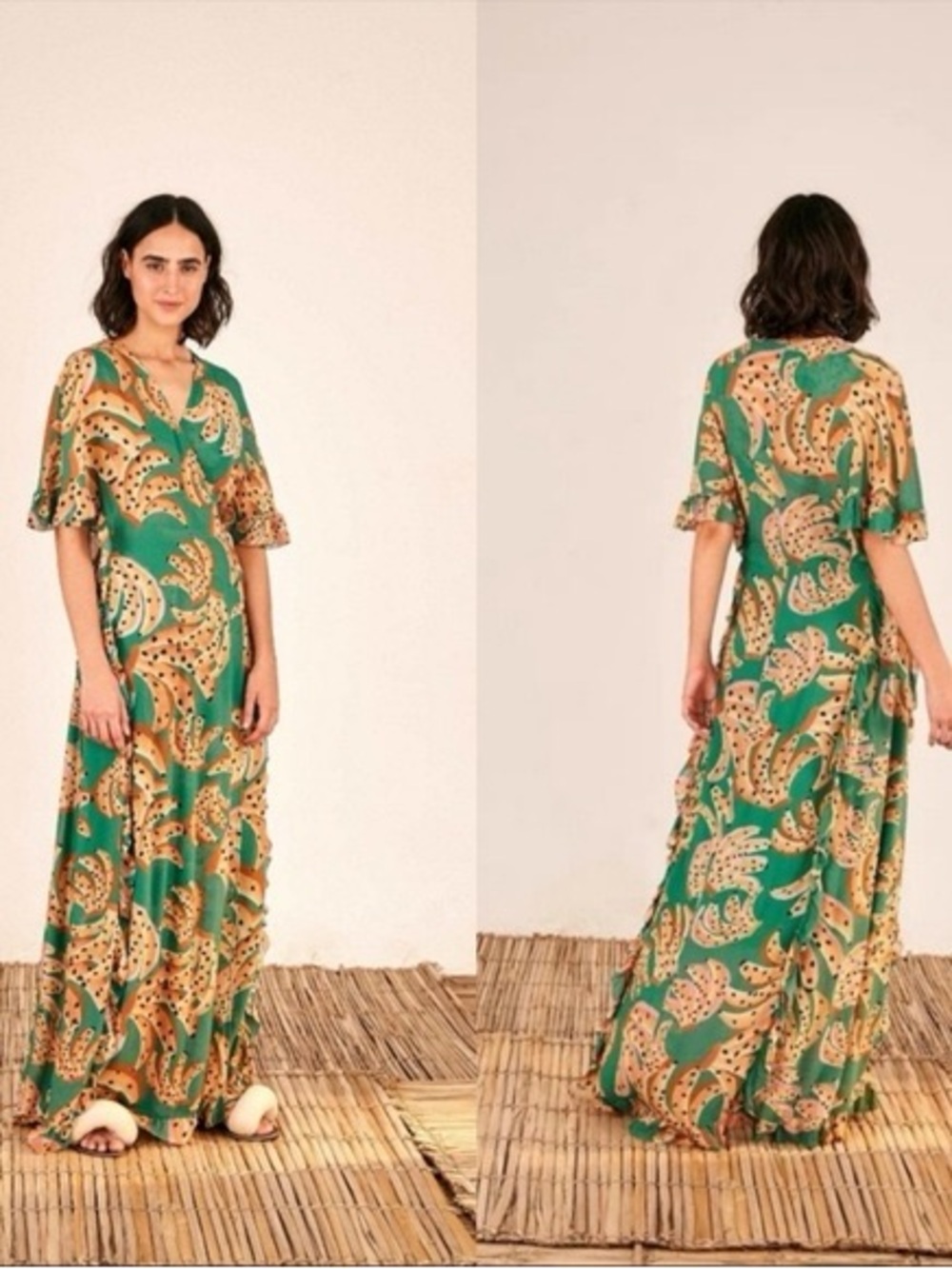 NWT Farm Rio Green Raining Bananas Maxi Wrap Dress